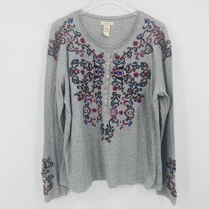 Sundance Size XL Gray Long Sleeve Boho Embroidered Cotton Shirt Top